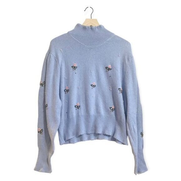 NWT Something Navy Embroidered Mock Neck Sweater, Blue, Size L - Picture 3 of 15